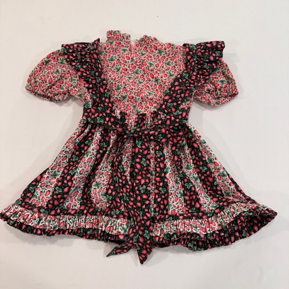 Vintage Strawberry Print Ruffle Dress Girls Toddler Red/Black Floral Cottagecore - Picture 3 of 6